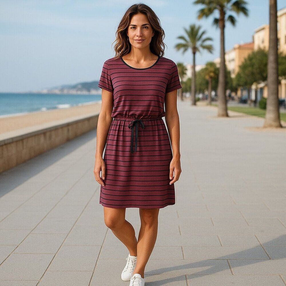 Olive & Oak Striped Drawstring Waist T-Shirt Dress Size M Burgundy Navy Casual